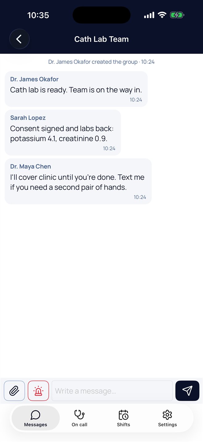 A group conversation in FirmaSys between members of a cath lab team